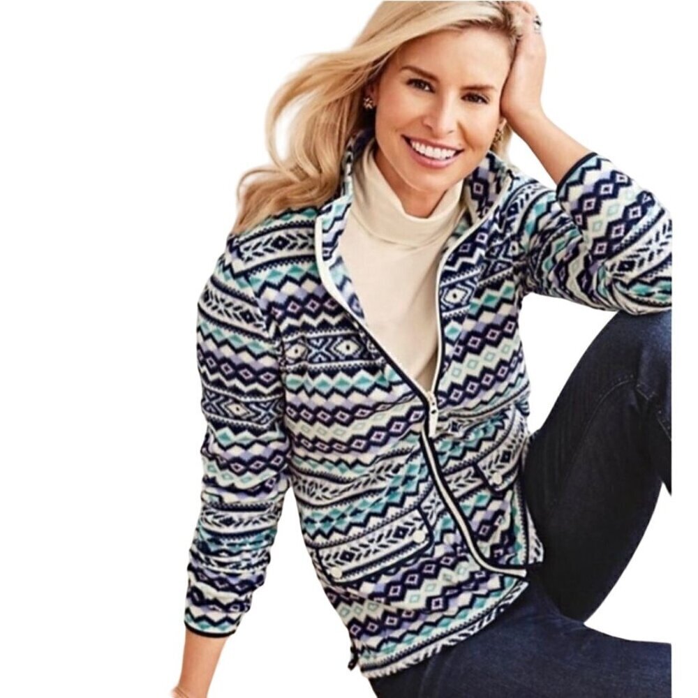 Talbots Fair Isle Fleece Zip-Up Jacket Blue Lavender Size L